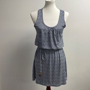 Mud Pie Geometric Design Sleeveless Dress, small. Tie belt racerback blue white